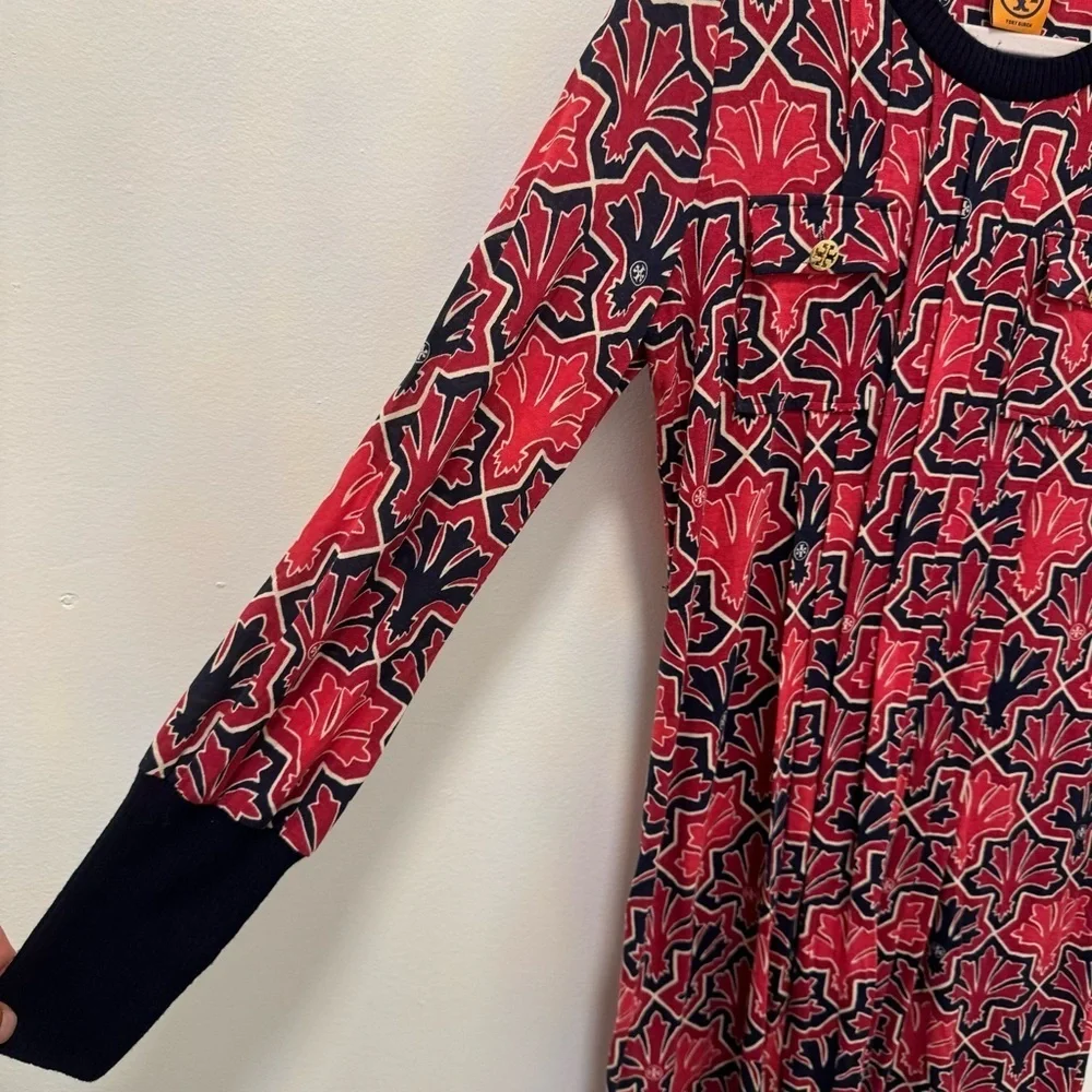 Tory‎ Burch Long Sleeve Pleated Ribbed Dress Women’s Medium Red Navy